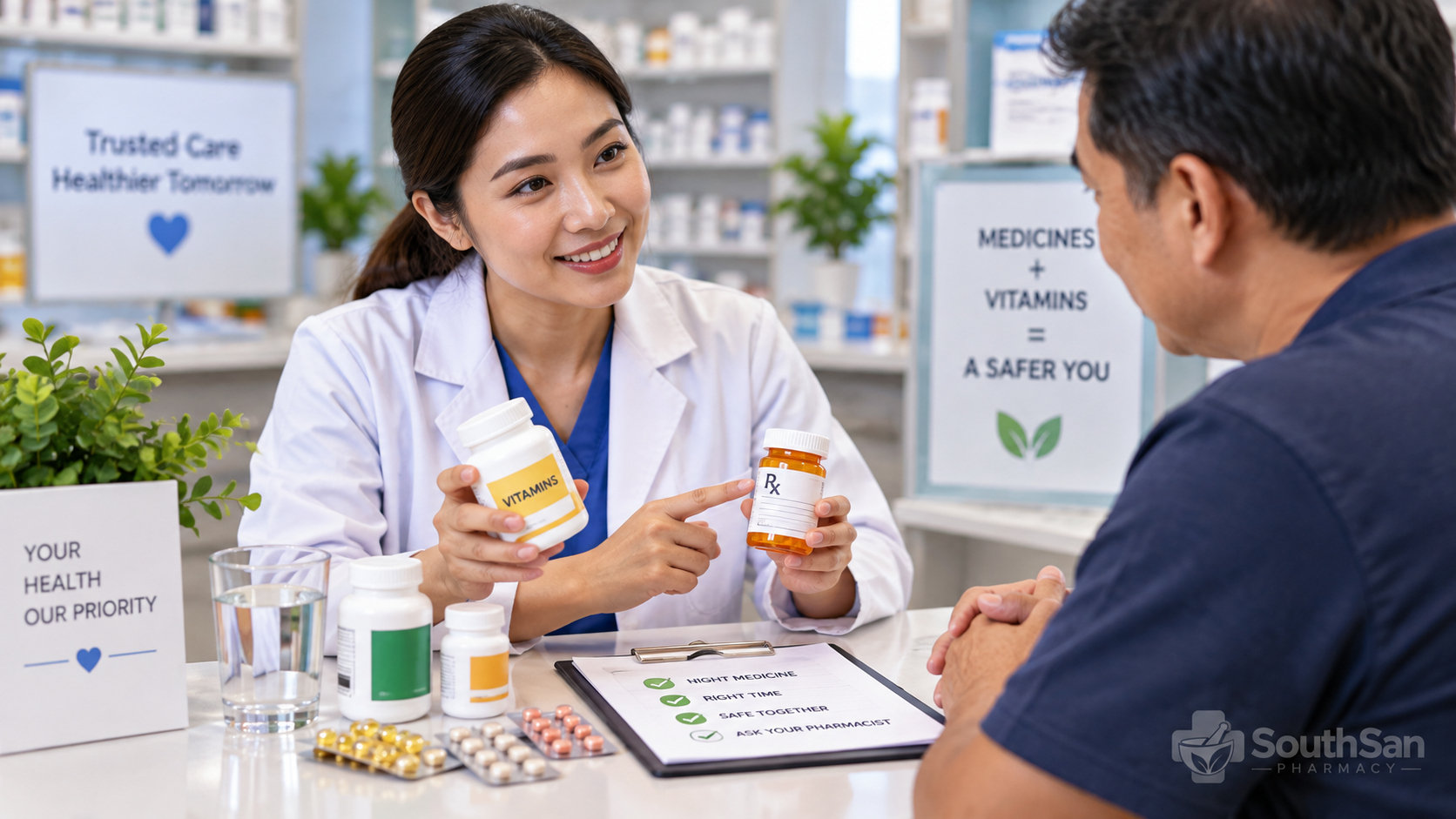 Apoteker menjelaskan keamanan minum vitamin dan obat bersamaan kepada pasien