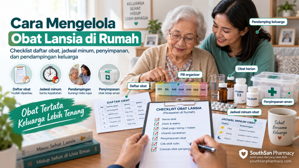 Infografis cara mengelola obat lansia di rumah dengan daftar obat, jadwal minum, pill organizer, pendamping keluarga, dan penyimpanan aman.